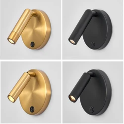 Nordic Bedside Wall Lamp Sconce with Switch Modern Minimalist Rotating Reading Lamp Spot Light 3W Black Brass for Aisle Bedroom