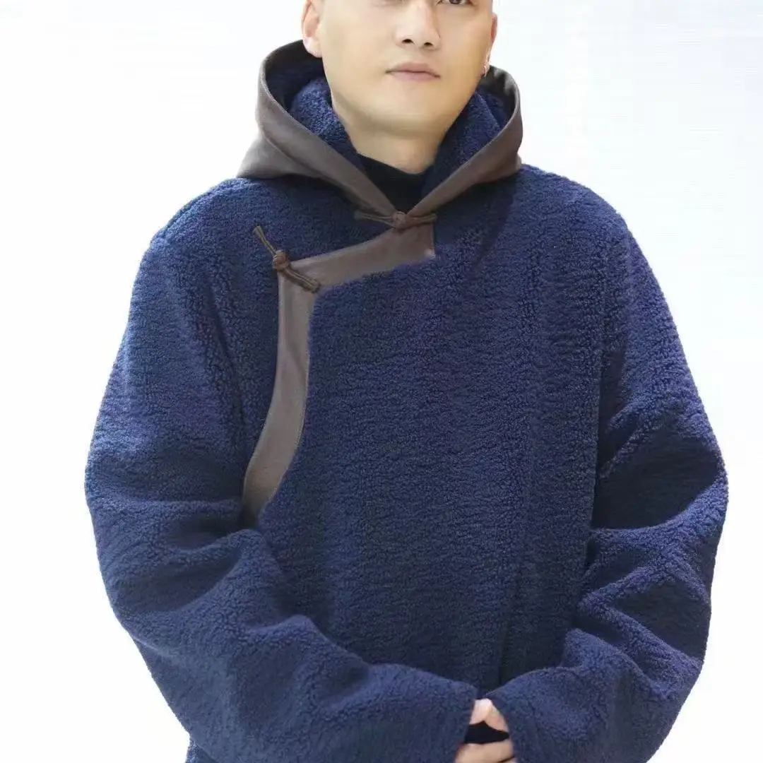 

Winter Thicken Velvet Hooded Coat Men's National Style Slant Collar Button Overcoat Vintage Tibetan Casual Fashion Mandarin Tops