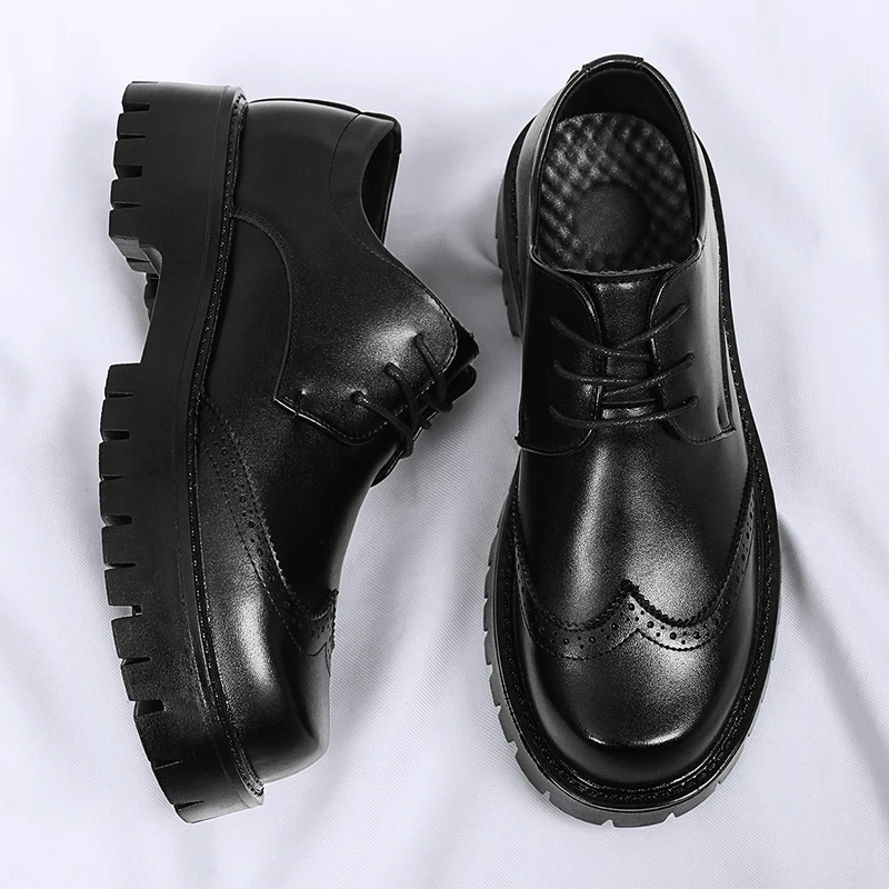 Hight Quality 2024 Spring New British Style Solid Black Leahter Shoes For Men Hombre Daily Casual Banquet Dress Heightening Eff