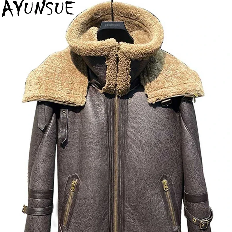 AYUNSUE Real Fur Men's Thick Genuine Leather Fur Jacket Men’s Flight Suit Warm Motorcycle Jacket Male Sheepskin Fur All-in-one