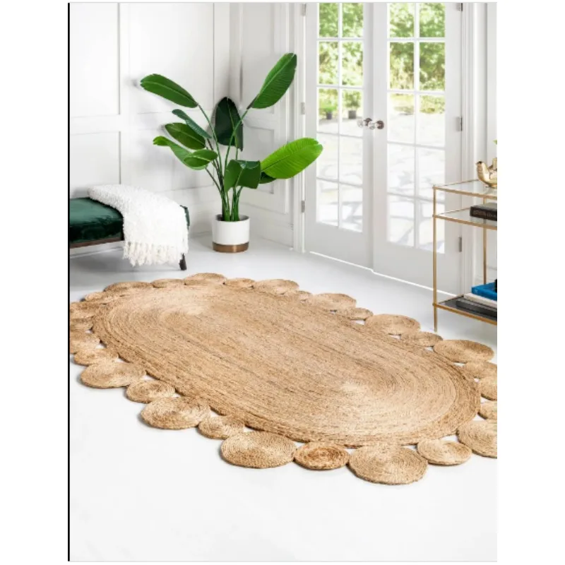 Oval Rug 100% Natural Jute Braided Style Modern Carpet Living Floor Area Rug