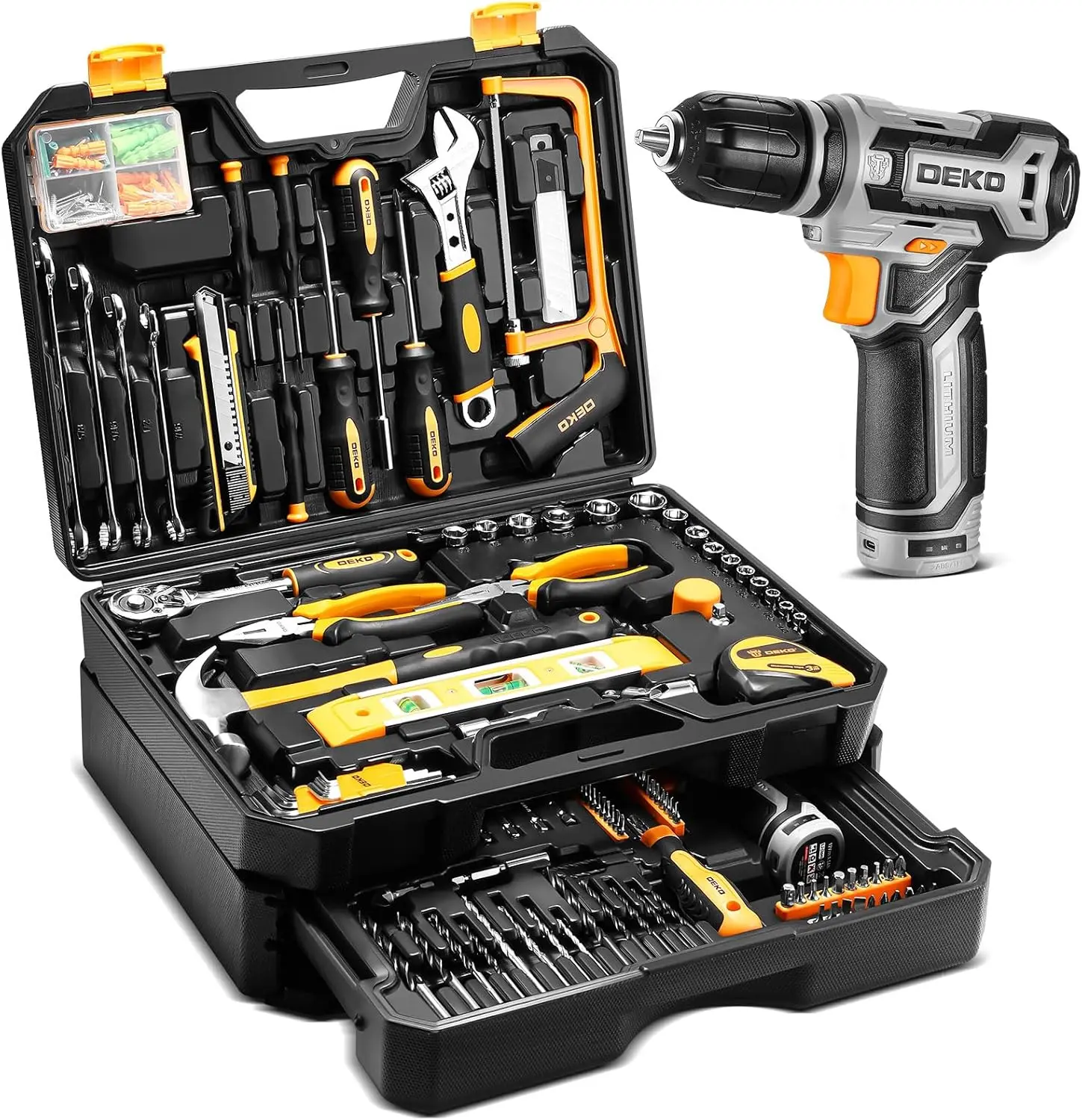 Tool Kit Box Drill Set：Dekopro Home Mechanic Toolbox With 12V Power Cordless Drill Hand Repair Tools Sets Combo Kits Storage