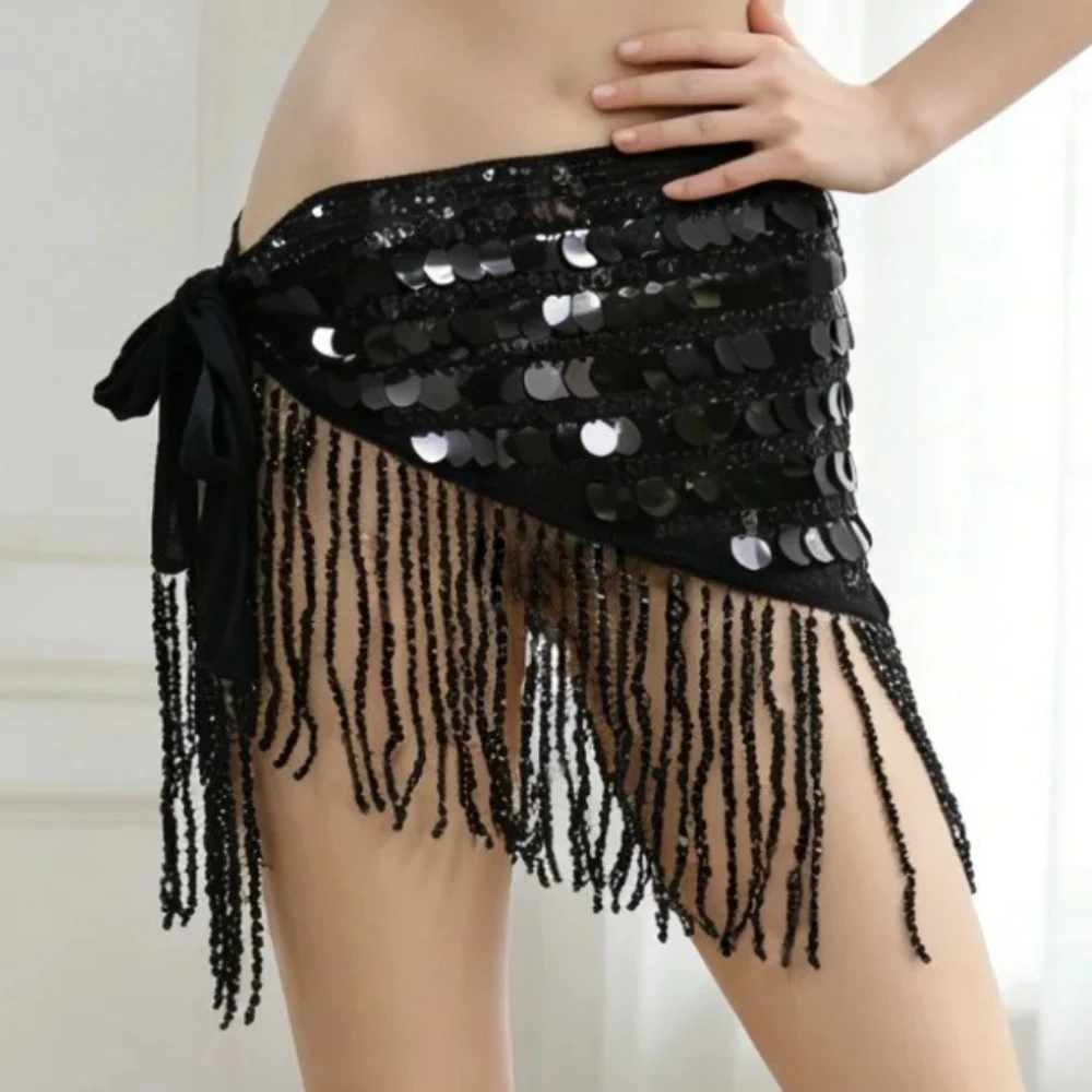Women Sequins Belly Dance Hip Scarf Latin Jazz Dance Tassel Waist Scarf Hollow Hip Shaking Triangle Scarf Dance Performance Belt