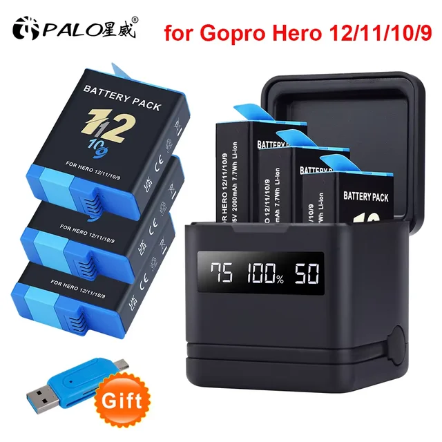 PALO GO PRO 9 10 11 12 Akumulator z etui z ładowarką do kamery sportowej GoPro Hero 12 11 10 9 Akumulatory Czarne Akcesoria