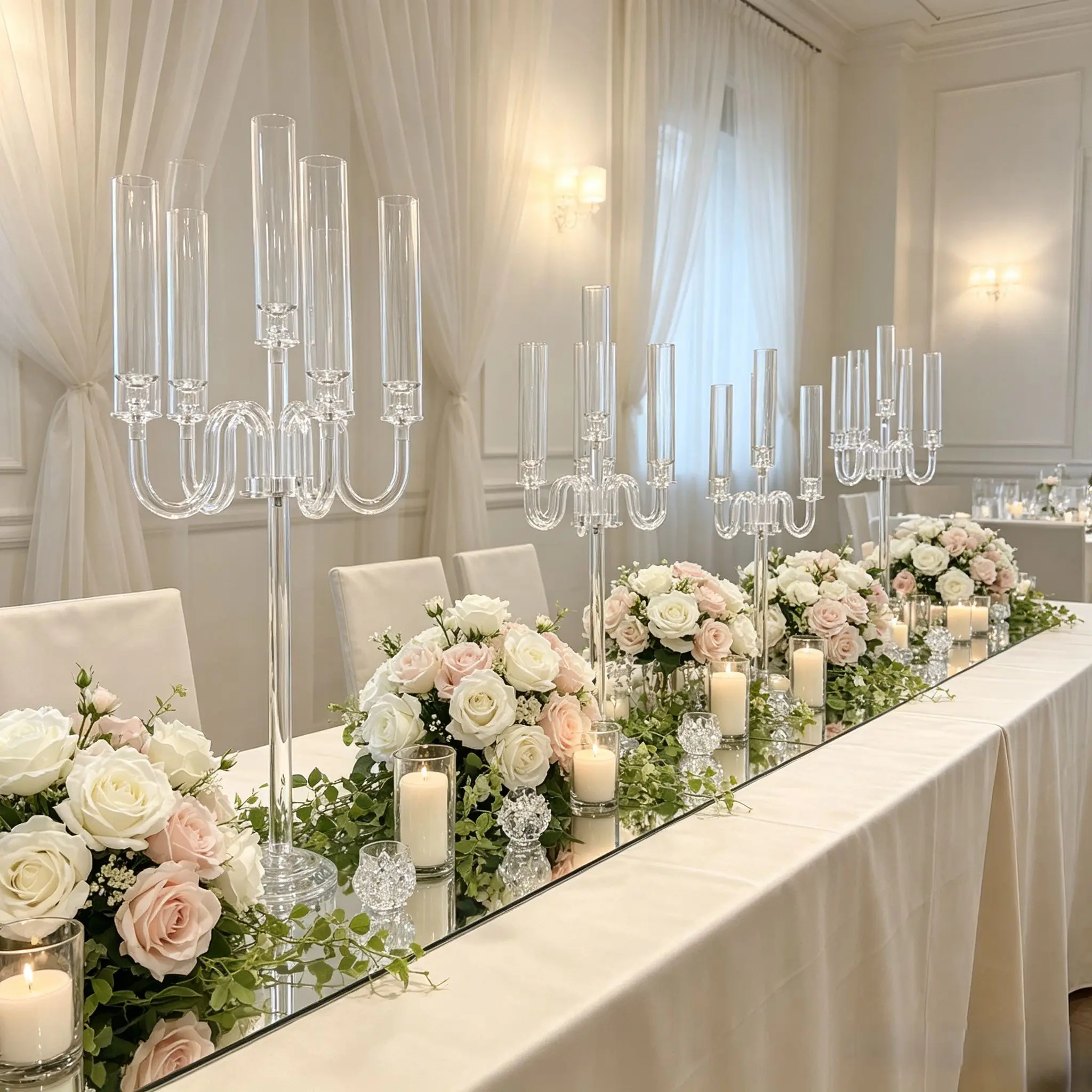 4 Sets 6 Arms Clear Acrylic Candelabra Modern Candlestick Holder Wedding Banquet Table Centerpiece Xmas Party Home Decor Props