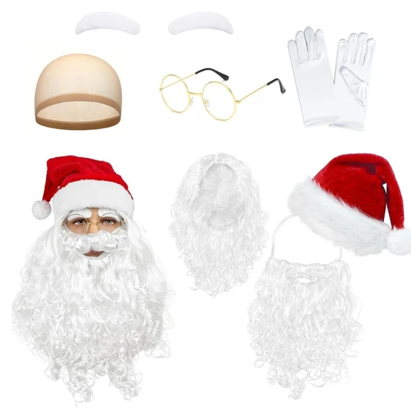 7 Piece Santa Costume Set With Red Hat And White Beard For Christmas Parties Family Events