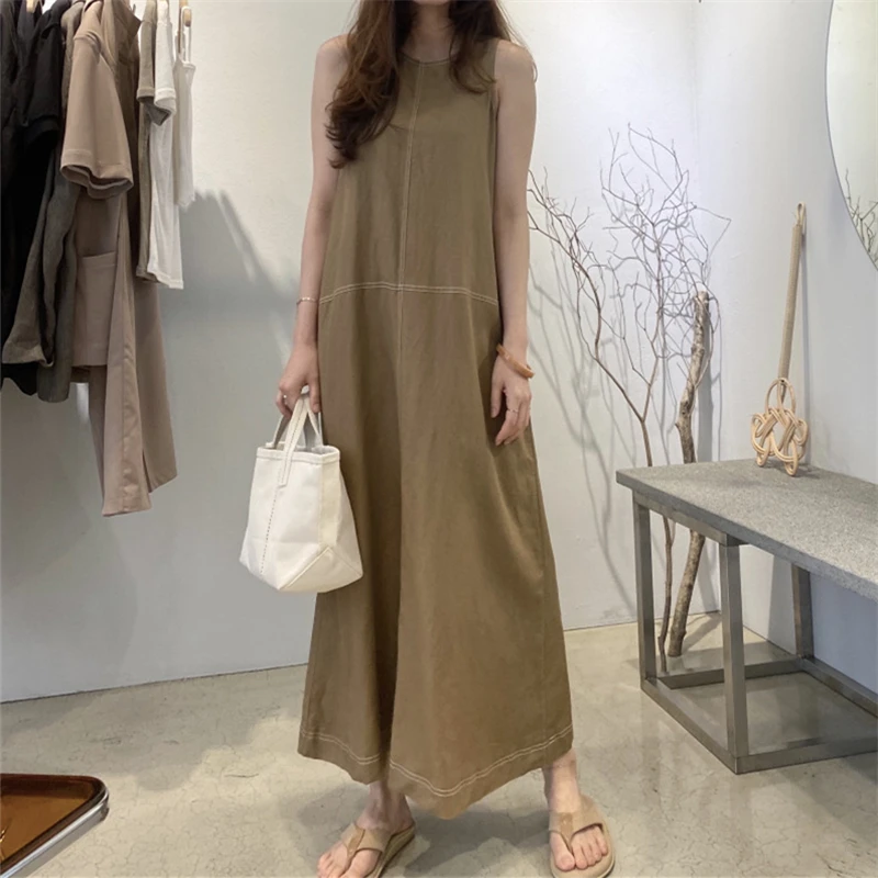 REALEFT Summer Cotton Linen Tank Long Dresses for Women 2025 New High Waist O-Neck Sleeveless Straight Korean Dresses Female