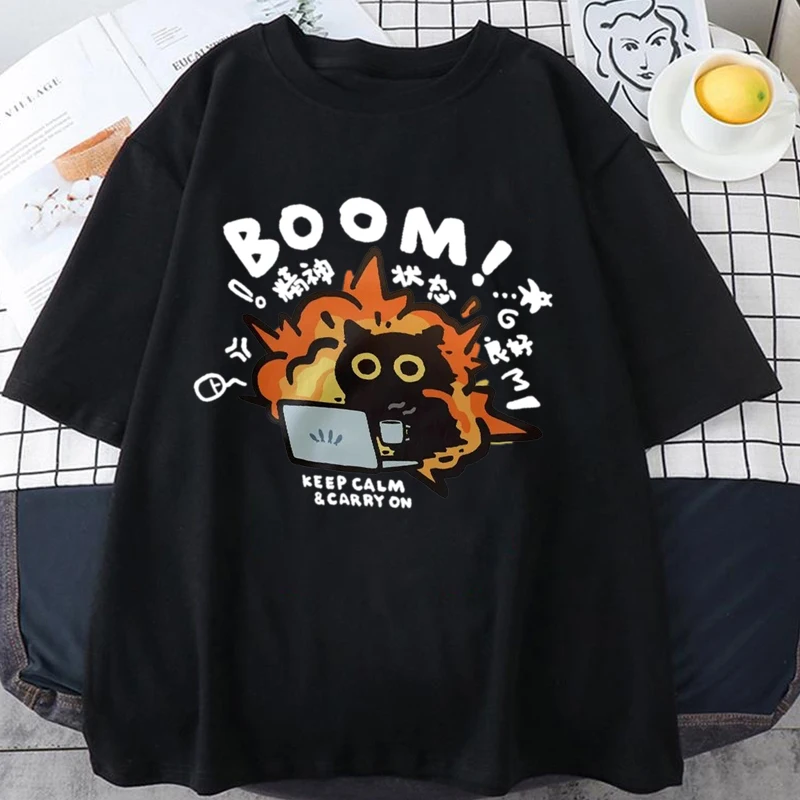 New Kawaii Good Mental State Pure Short Sleeved T-shirt for Men Women Tee Clothes Loose Casual Y2K Cartoon Oversized Tops
