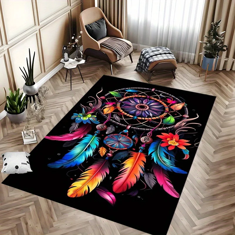 Dreamcatcher-Inspired Colorful Area Rug – Non-slip Washable Polyester Mat for Living Room Bedroom Patio Garden Decor