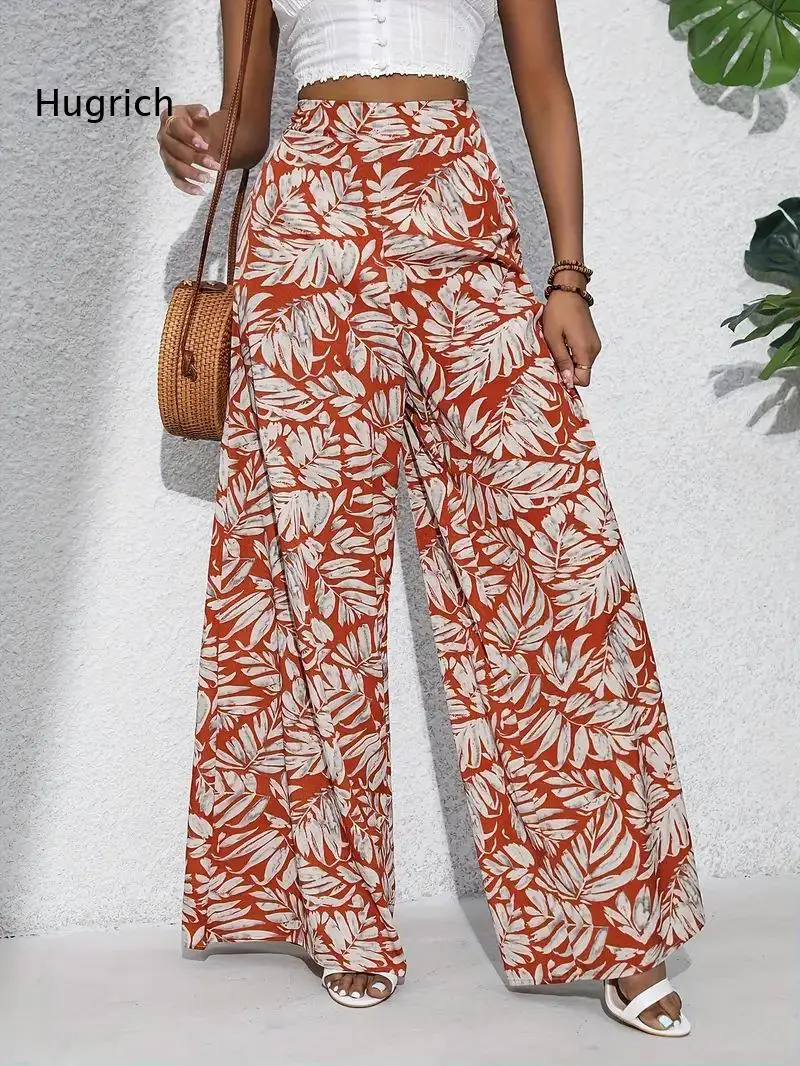 Full Leaf Print High Waist Wide Leg Pants Breathable Loose Long Trousers For Holiday Leisure And Daily Clothing Matching