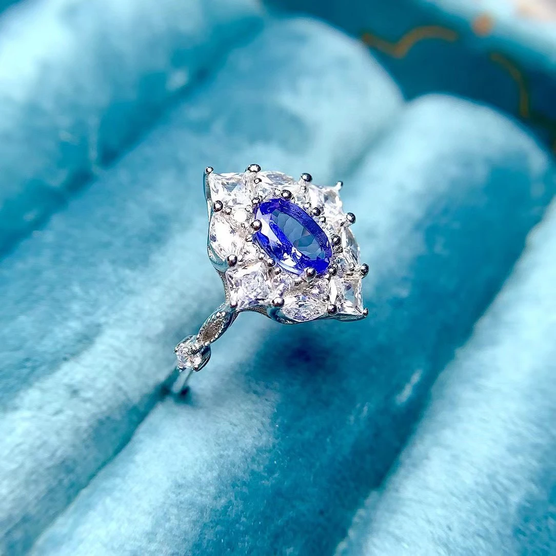 Luxury Natural Tanzanite Ring for Wedding 5*7mm 0.7ct VVS Tanznaite 925 Silver Ring with Thick Gold Plated Keep Shining Jewelry