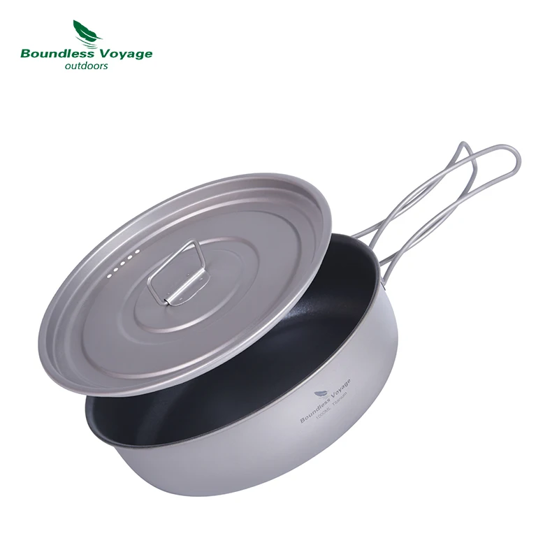 Boundless Voyage Titanium Non-stick Skillet with Folding Handles Lid Outdoor Camping Frying Pan Griddle Tableware