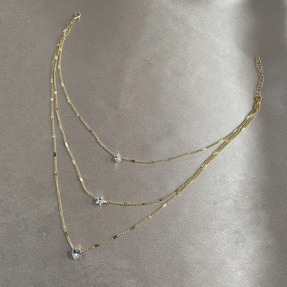 1Pc Three-Layered Water Drop, Heart, and Star Zircon Necklace, Light Luxury Style with a Layered Look, Enhances the Neck Line, Suitable for Workplace Commuting, Dating, Going Out, Parties, Valentine's Day Gifts, Birthday Gifts, Anniversary Gifts, Niche High-End Versatile Accessory
