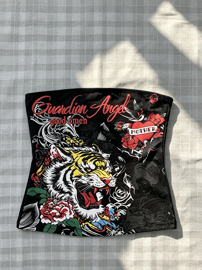 Ladies Vintage Tattoo Graphic Strapless Tube Top Summer Tiger Rose Floral Print Bandeau Slim Sleeveless Y2K Goth Streetwear Tank