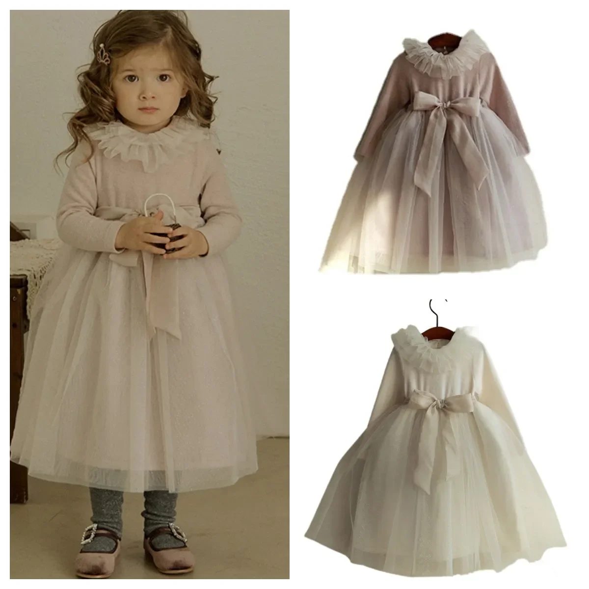 

Kids Girls Dresses 2024 New Toddler Baby Girls Mesh Lace Collar Bow Princess Party Dress