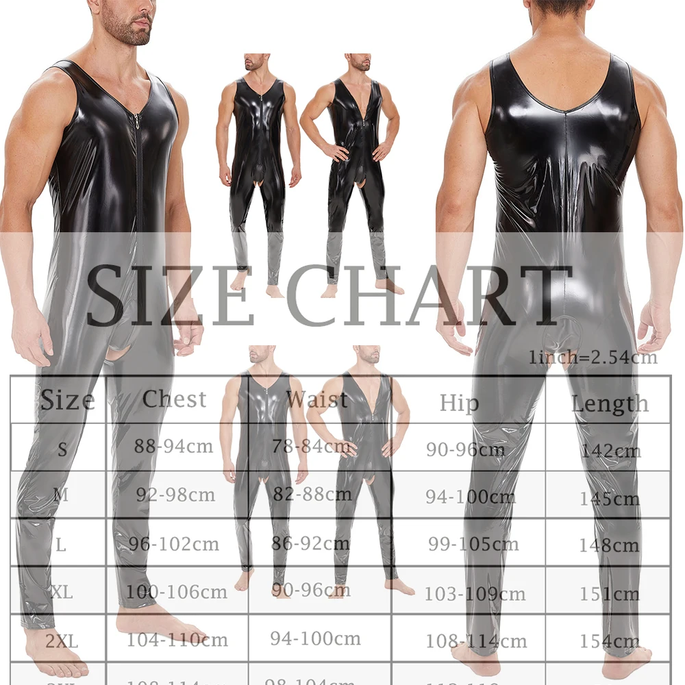 

Men's Sleeveless Zipper Sexy Hooded Sweatshirt Without Crotch Tight Fitting PVC Leather Erotic Jumpsuit Men's Nightclub Clothing