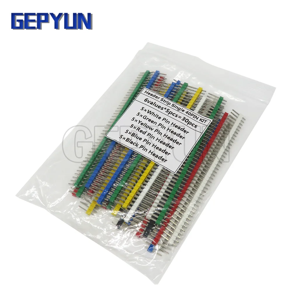 30pcs 2.54mm Pitch Pin Header Strip Single Row 40pin Connector Kit for PCB board (6 Colors Each 5pcs) Connector Male