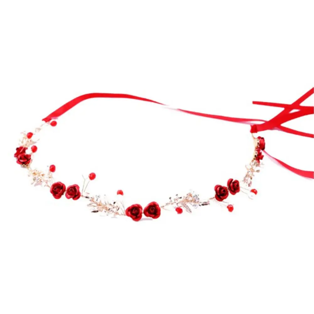 Women Tiaras Rose Flower Bridesmaid Headband Headdress Head Piece Wedding Jewelry Red Pearl Bride Hairband Earring Set Crystal