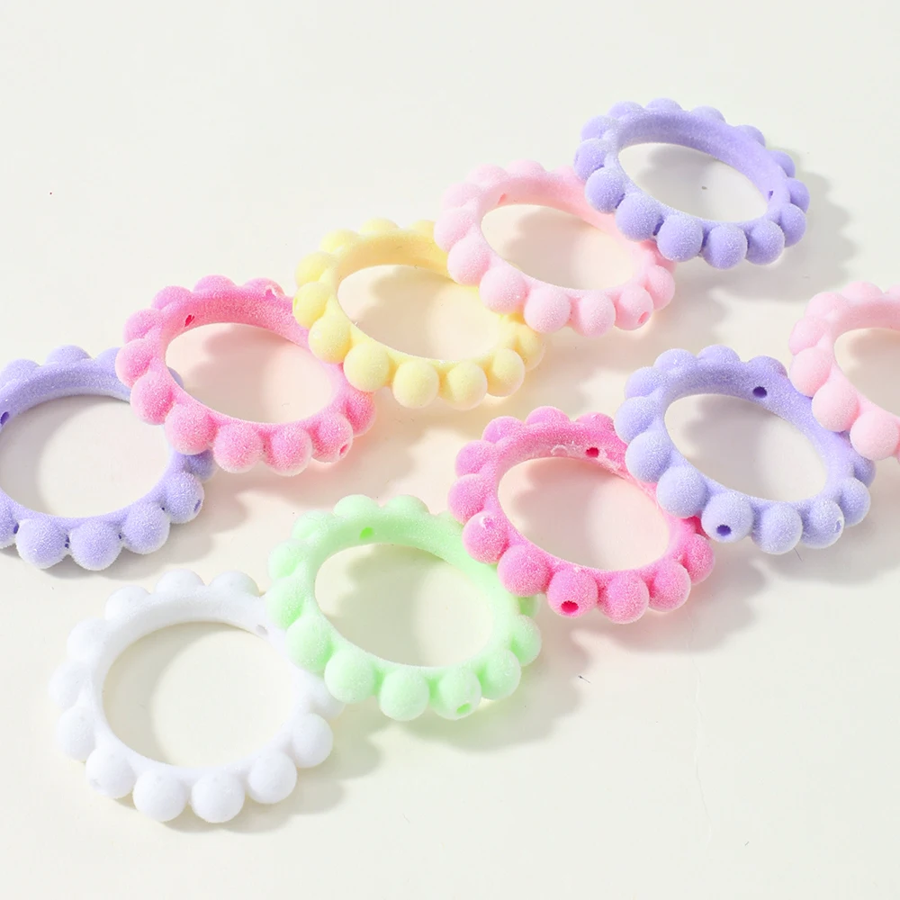 5/10 Stück 42mm beflockte Samt-Blumenkranz-Perlen, süße pastellfarbene gewellte Rahmenperlen für DIY-Perlenstift-Aufsätze und Schlüsselanhänger-Charms – Detail 5
