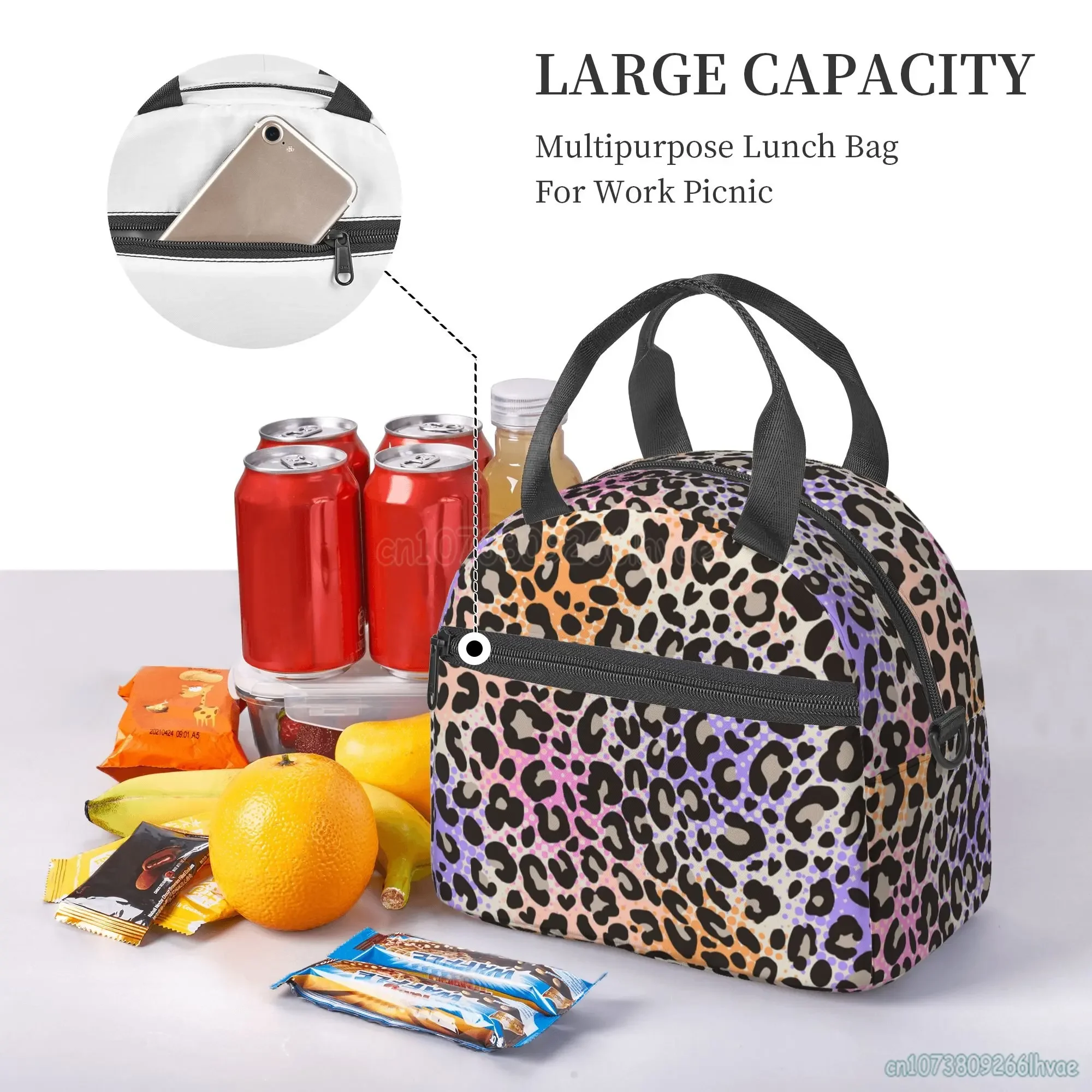 Borsa da pranzo isolata con stampa leopardata colorata per donna borsa termica impermeabile riutilizzabile portatile Bento per viaggi in spiaggia da