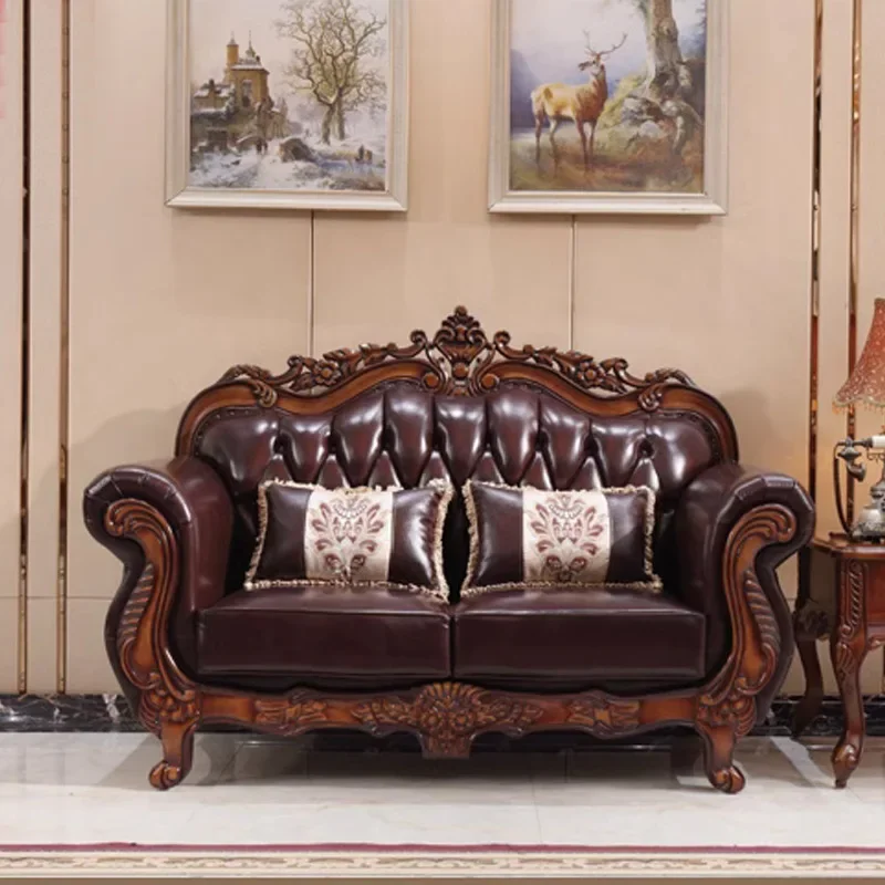 -European Free Combination Leather Sofa Set with Solid Wood Carving Frame, Suitable for Apartments and Hotel Living Rooms