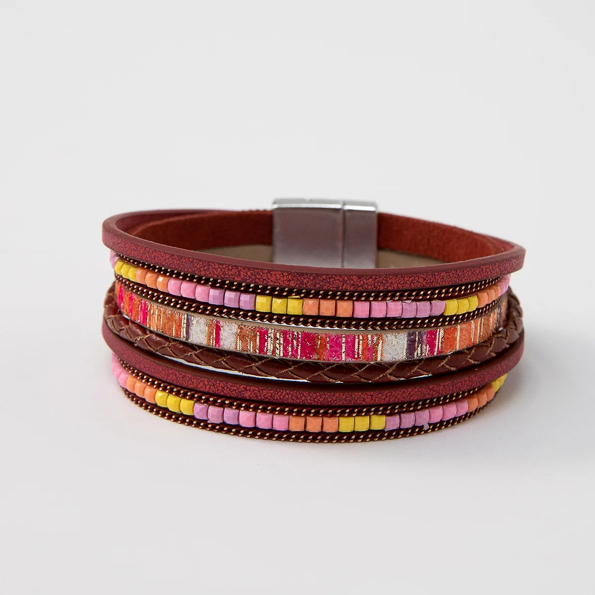Bohemian Weed Beads Boho Pu Leather Stackable Handmade Braided Magnetic Clasp Women Wrap Bracelet Jewelry