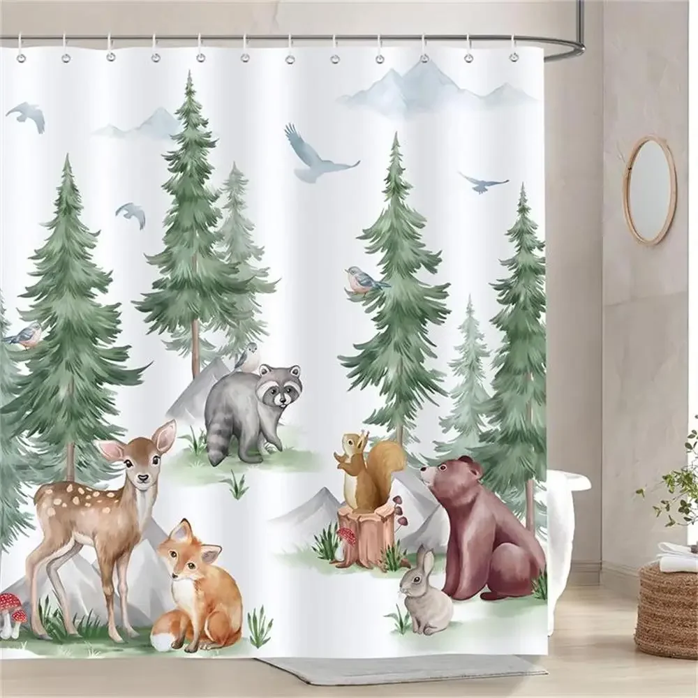 Winter Pine Tree Shower Curtain Deer Red Bird Snowy Forest Christmas Holiday Bathroom Decor Bath Curtains Polyester with Hooks