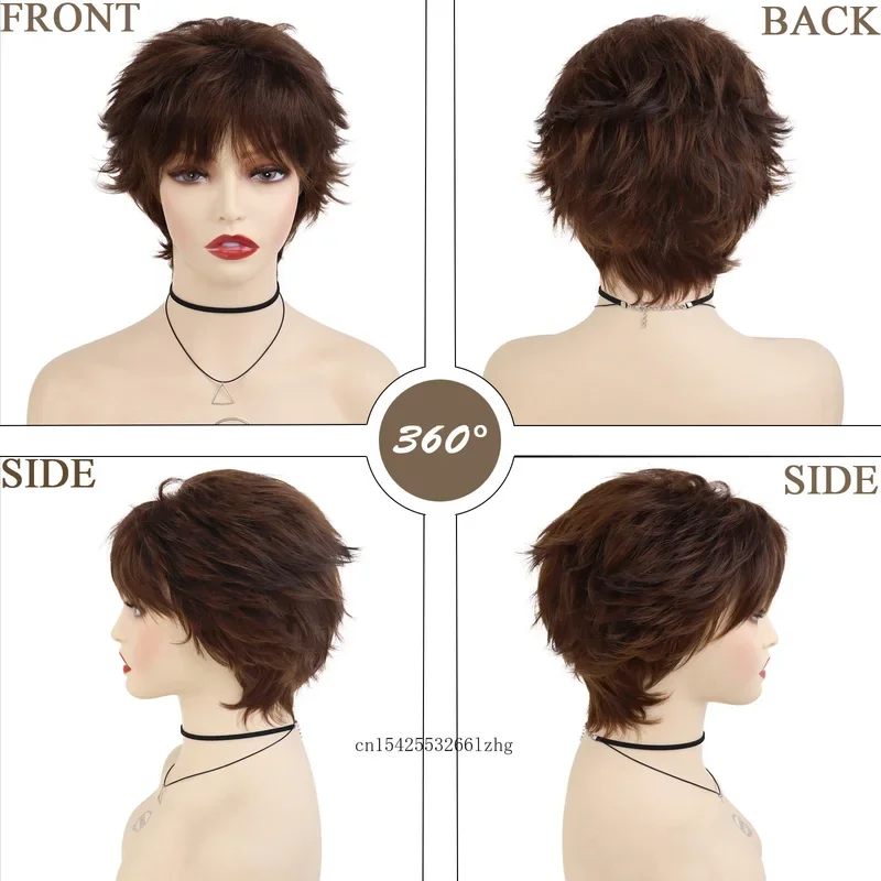 GNIMEGIL Synthetic Short Pixie Cut Hair Wigs for Women Natural Wave Hairstyle Fluffy Brown Female Wig Daily Cosplay Halloween