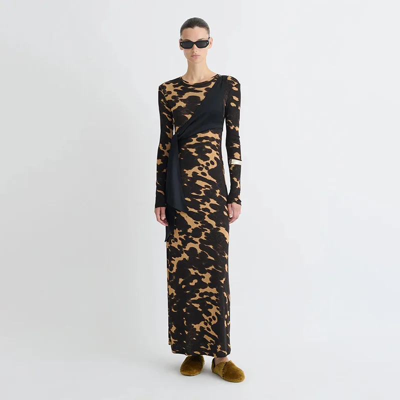 Brown Leopard Print Women Prom Dress With Stripe Full Sleeves Long Sheath Party Gown Autumn Fall Formal Guest Birthday Robe
