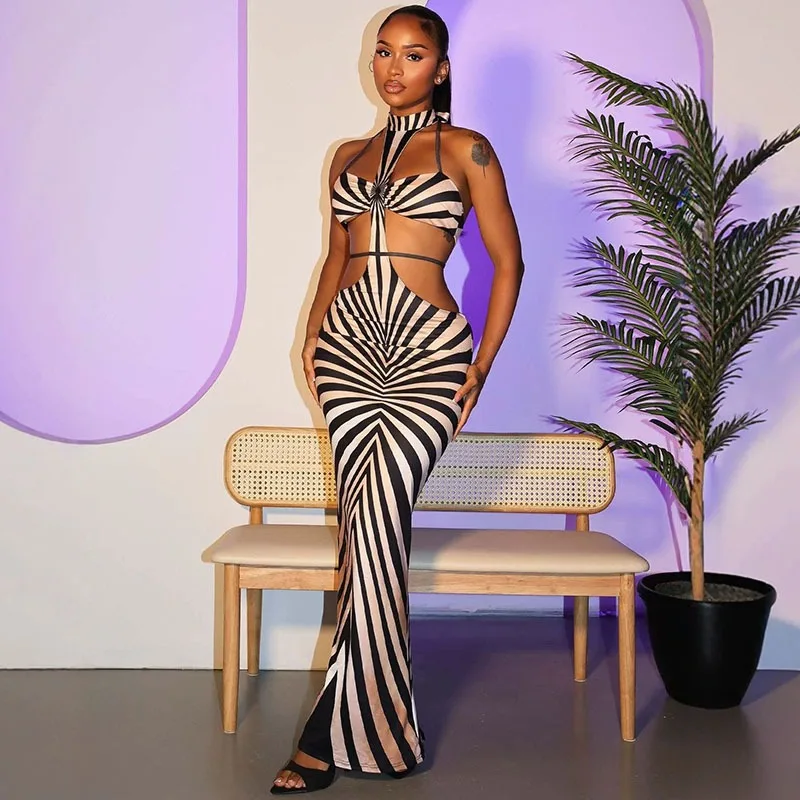 Doyerl Multicolor Tie Dye Striped Party Long Dress for Woman Clothing Club Wear Night Out Halter Hollow Out Bodycon Maxi Dress
