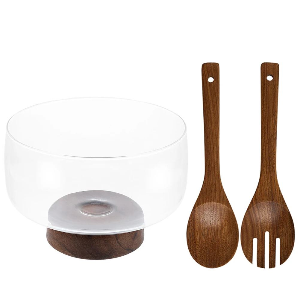 مجموعة واحدة من وعاء الفاكهة الزجاجي مع قاعدة خشبية وعاء تقديم السلطة الشفاف الكبير لتخزين الحلوى والخضروات أداة المطبخ متعددة الأغراض #1