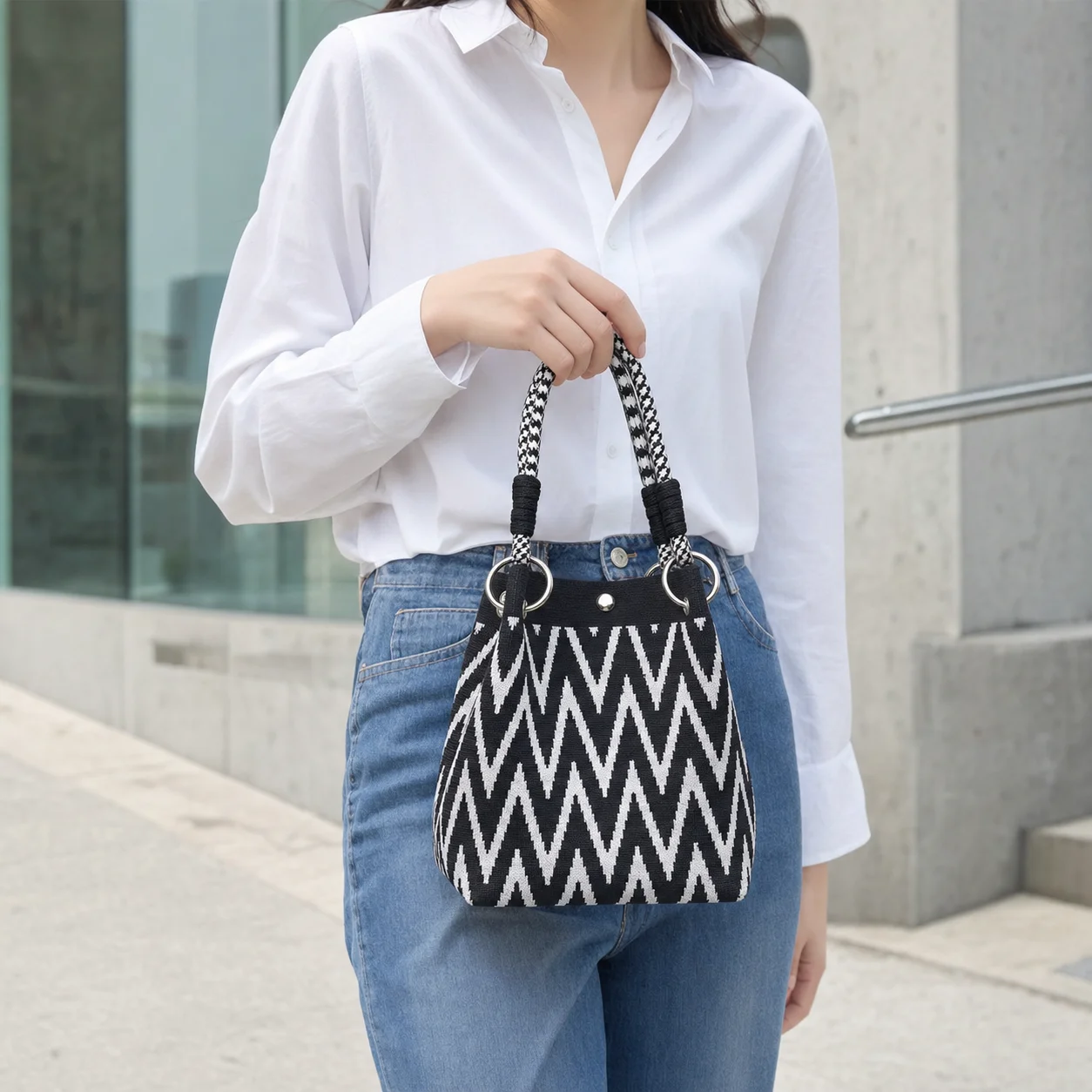 Geometric Mini Tote Bag Women Black Ivory Graphic Handbag Ring Handle Compact Daily Purse for Korean Style Outfits