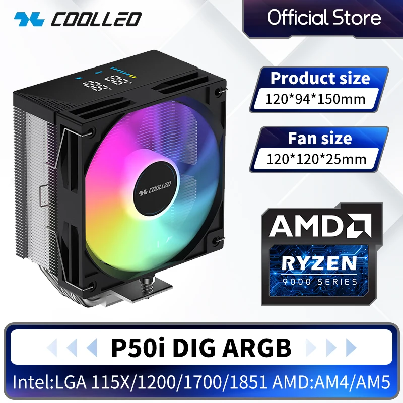

COOLLEO P50i DIG 5 Heat Pipes Tower CPU Cooler with Top Digital Display for Intel LGA1700/AMDAM5 PWM ARGB Sync Real-Time Display