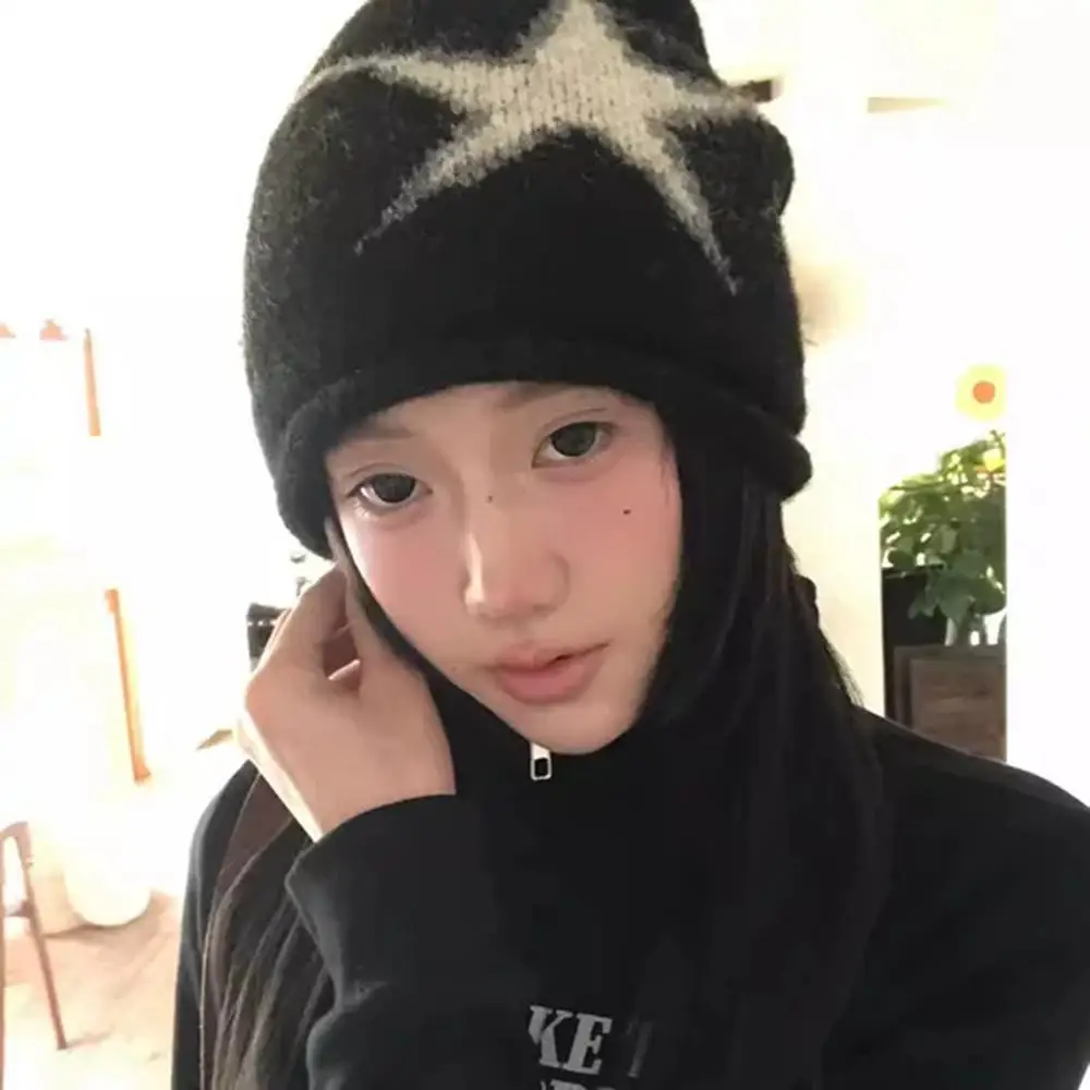 Vintage Knitted Beanies Hat American Hip Hop Streetwear Hat Winter Autumn Warm Beanies Y2K Star Skullcap Cycling Pullover Hat