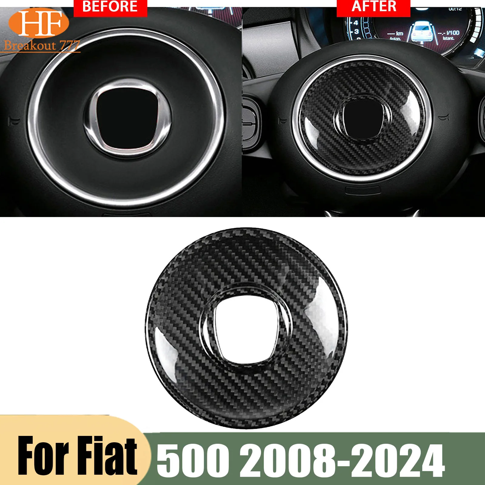 Red Black Steering Wheel Center Cover REAL HARD Carbon Fiber For Fiat 500 2008-2023