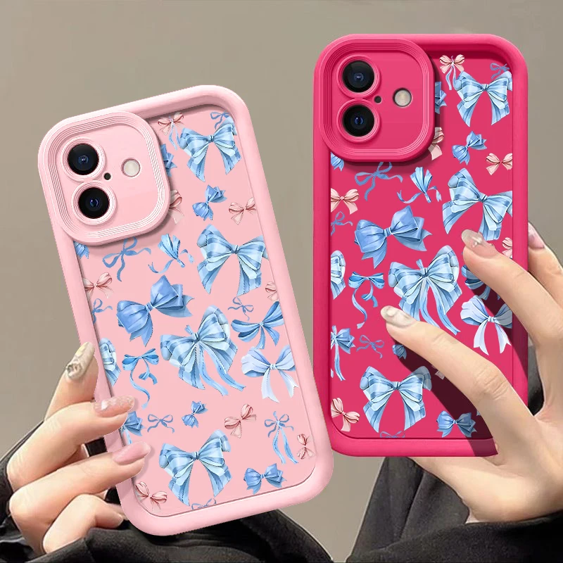 

For iPhone 13 Case Cute Cyan Bowknots Shockproof TPU Silicone Soft Cover For iPhone 14 15 Pro Max 12 11 iPhone 16 Pro Max Funda