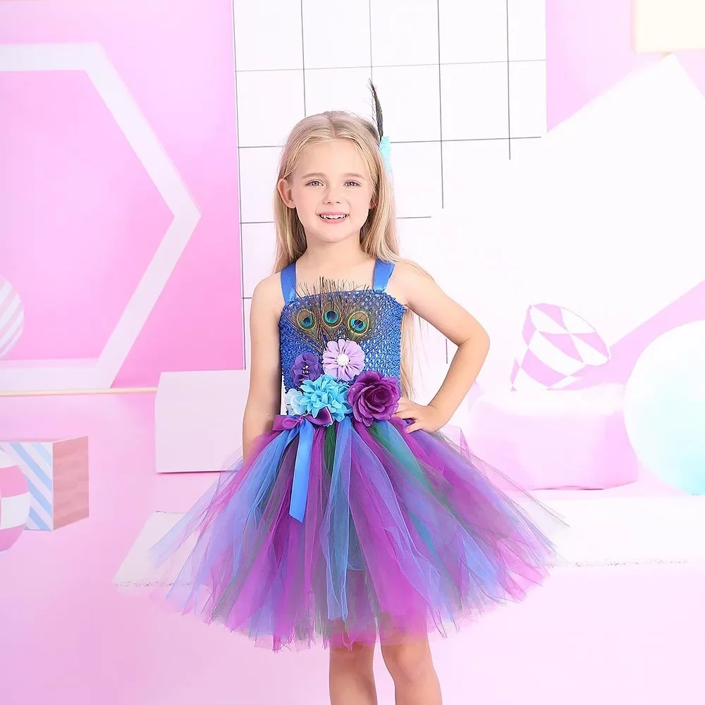 

Kids Girls Peacock Feather Fairy Mesh Tutu Dress Children Halloween Cosplay Costumes Pretend Princess Party Role Play Outfit