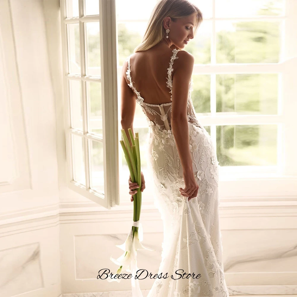 Customized Handmade Flowers and Beading Wedding Dress Elegant Mermaid Deep V-neck Bridal Gowns High Quality Tulle Robe de mariée