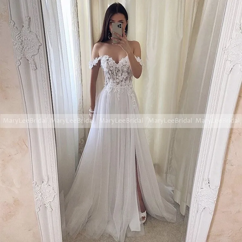 

Bohemia Flower Lace Wedding Dresses Off the Shoulder Illusion Bodice Front High Split Beach Bridal Gowns Summer Bride Dress 2022