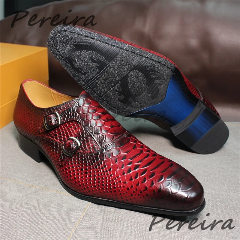 

Мужские модельные туфли с тиснением красной змеиной узором, лоферы из натуральной кожи с двойной пуговицей и острым носком, повседневная деловая обувь в британском стиле