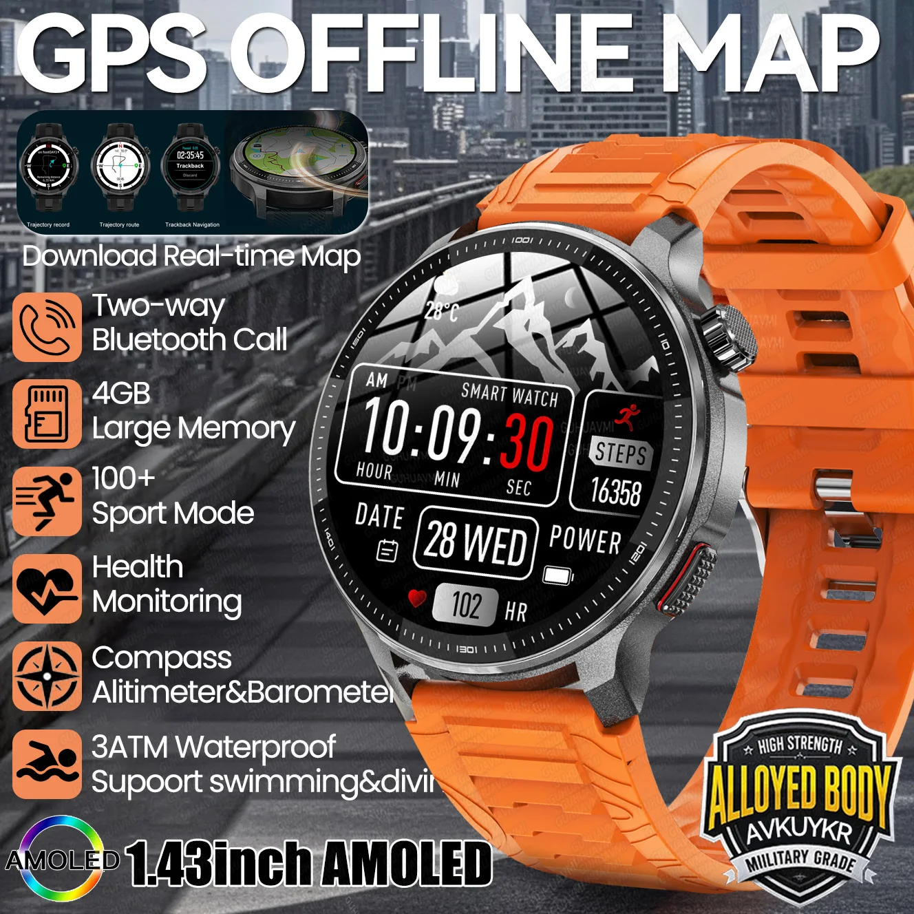 

Новые военные смарт-часы 2026 года с GPS, офлайн-картами, функцией отслеживания активности, водонепроницаемые, тактические, спортивные, с памятью 4 ГБ, с функцией звонков, для мужчин