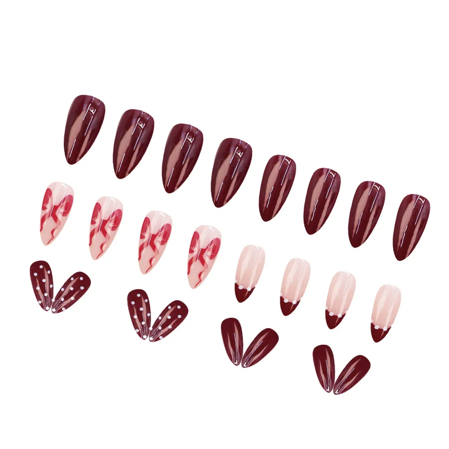 24개 프렌치 인조 손톱 (스티키 탭 포함) 아름다운 중간 길이 아몬드 모양 프레스온 네일 (참 장식 포함) 가을 겨울 리본 네일 팁