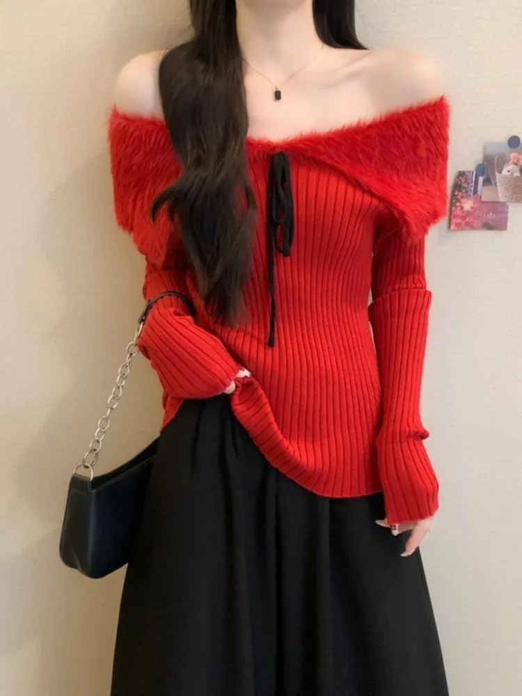 Afslankende paarse trui Damesmode met blote schouder en splitsontwerp Winter Nieuwe Sle Mooie kleine top Ciwalk Wollen