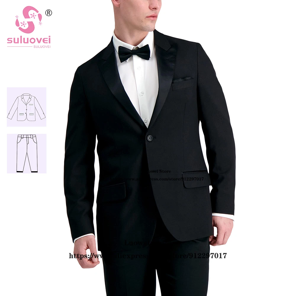 

Fashion Elegant Peaked Lapel Tuxedo Suits For Men Wedding Grooms 2 Piece Pants Set Formal Groomsmen Dinner Prom Blazer Masculino