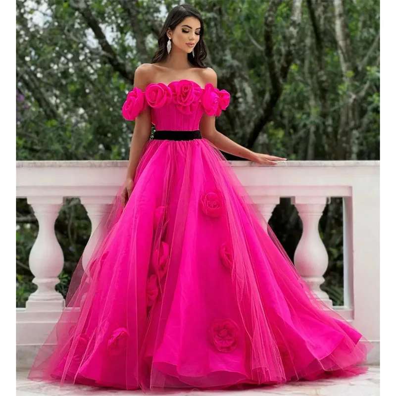 Elegant Long Fuchsia Evening Dresses with Hand Made Flower A-Line Bateau Neck Tulle Pleated Sweep Train Prom Dresses for Women