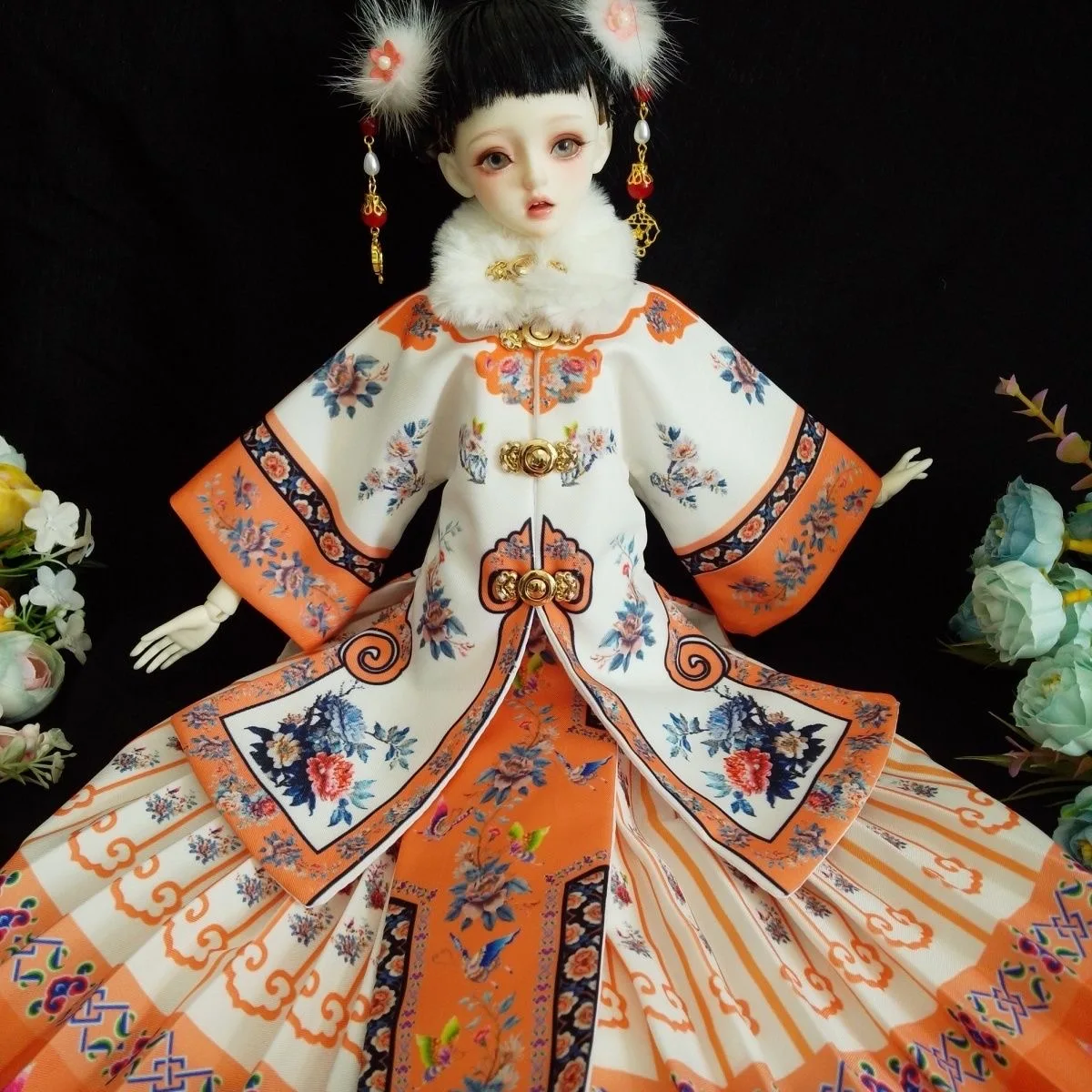 Beautifull 1/4 BJD Doll Clothes, Orange Round Neck Ethnic Dress Set