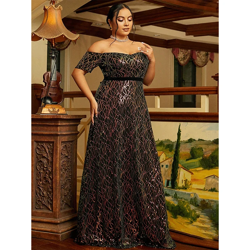 Plus Size Off Shoulder Bright Black Sequin Embroidery Evening Dress 4XL5XL Luxury Prom Party Banquet High-end Fishtail Dresses