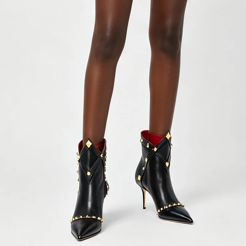 Black Leather Studded Ankle Boots Women Pointed Toe Thin Stiletto Heel Gold Rivet Decor Short Boots Party Fashion Footwear