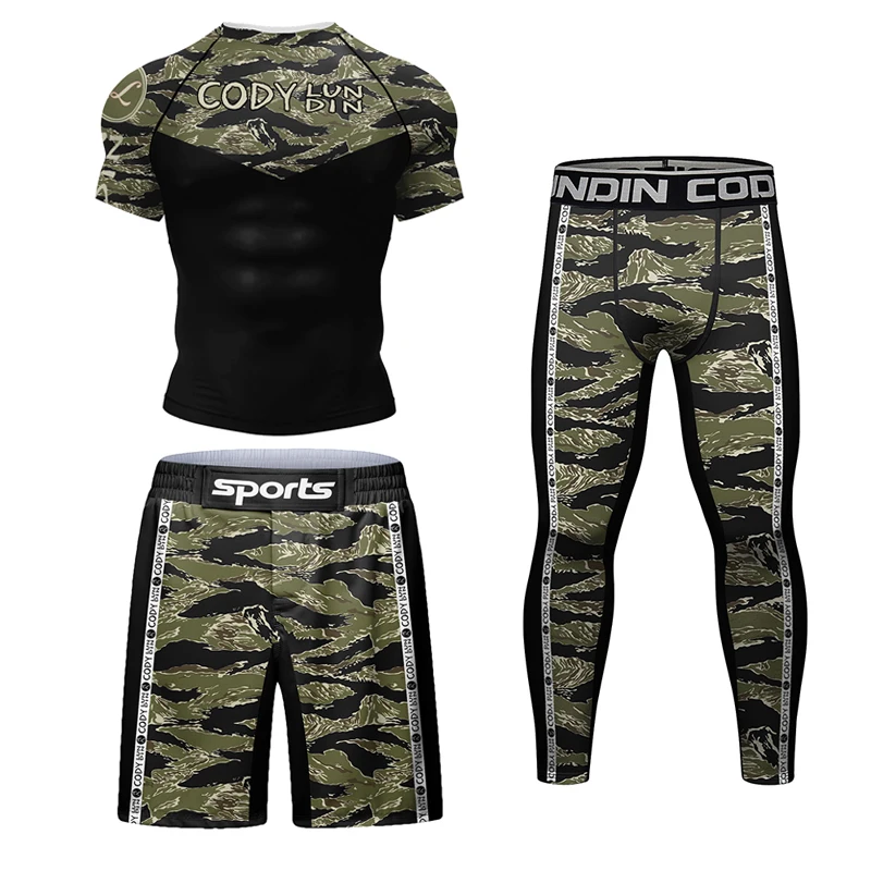 Kickboxing Rashguard Jiu Jitsu MMA T-shirt +Pant Set Men Rash Guard Grappling Bjj Gi Boxing Sportsuits Gym Muay Thai Shorts Suit