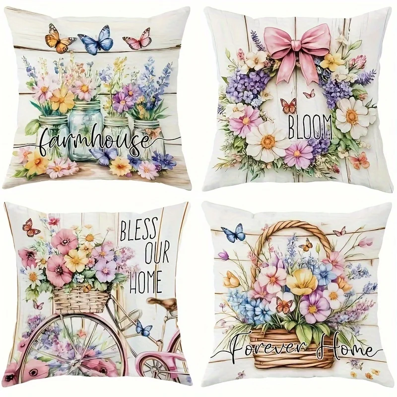 1pc 2D Flat (Pillow Not Included) Farmhouse Floral Bouquet Basket Butterfly Cushion Cover Short Plush Rustic Home Decor Throw